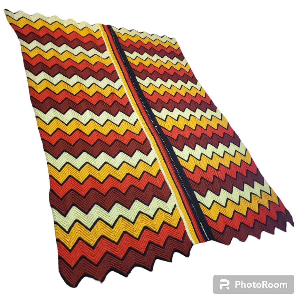 Fall Colors Vintage Wool Afghan, Handmade Crochet Throw Blanket 1960s